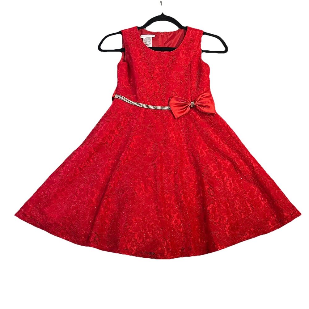Bonnie Jean Red Eyelet Sequin Bow Sleeveless Party Dress Girls Size 10 Valentine